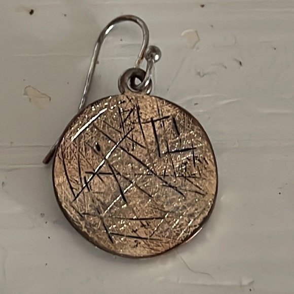 1” gold tone round textured medallion dangle earrings on hypoallergenic wires - Picture 9 of 13